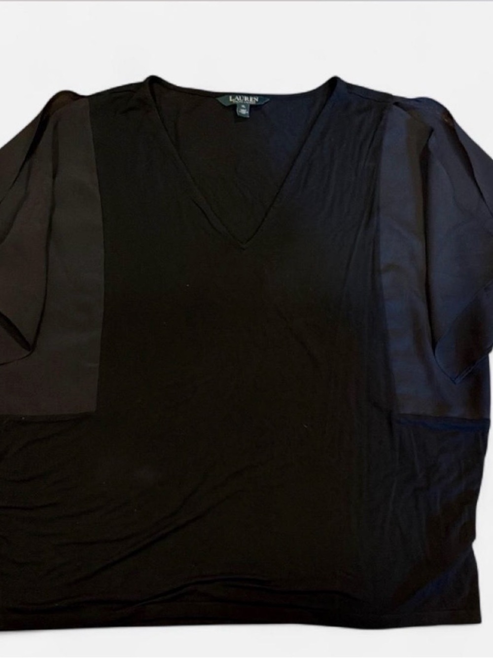 Ralph Lauren Black V-Neck Short sheer Sleeve Mixed-Media Top